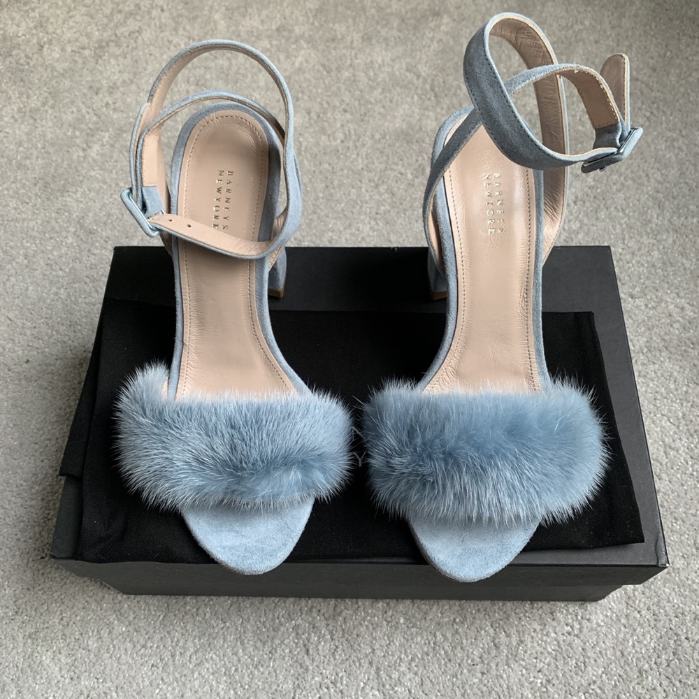 Barneys New York Light Blue Mink Fur Suede Heels